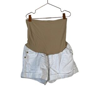 Luxe Essentials Denim Maternity Cuffed White Shorts Belly Panel